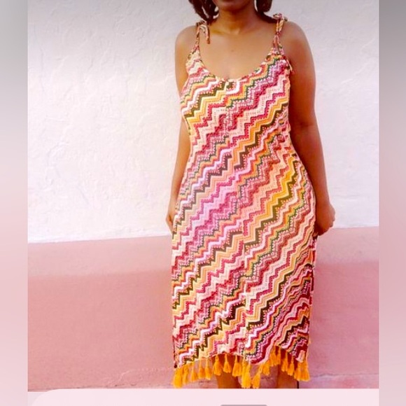 Tribal African Fringe Tassel Sun Maxi Coverup Dress Red Green Yellow Gold Medium - Picture 8 of 15